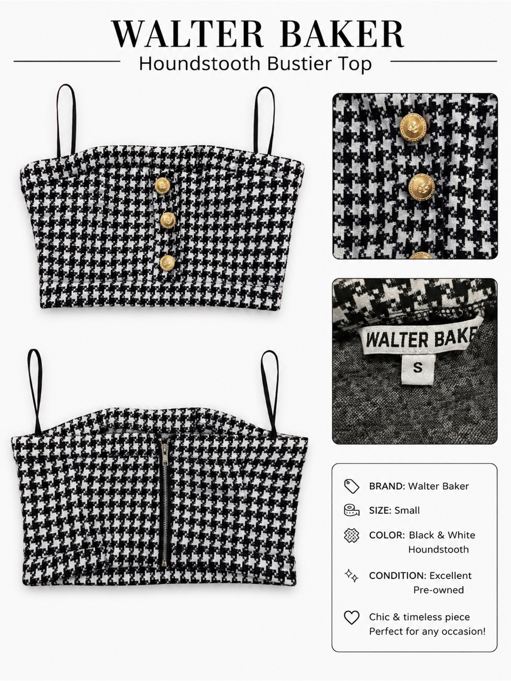 Walter Baker Black & White Houndstooth Bustier Crop Top with Gold Buttons